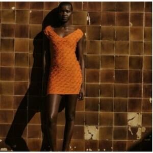 Zara Orange Textured Mini Dress V Neck Short Sleeve Summer Size S Chic
